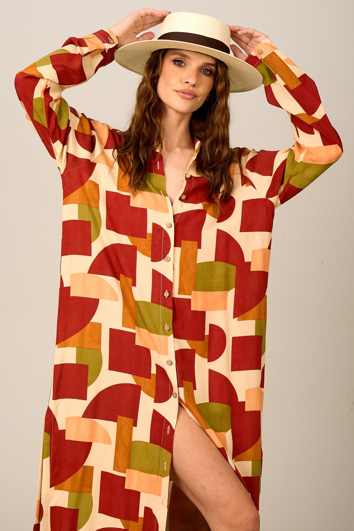 Yacamim N4 Long Oversized Geometric Print Shirt