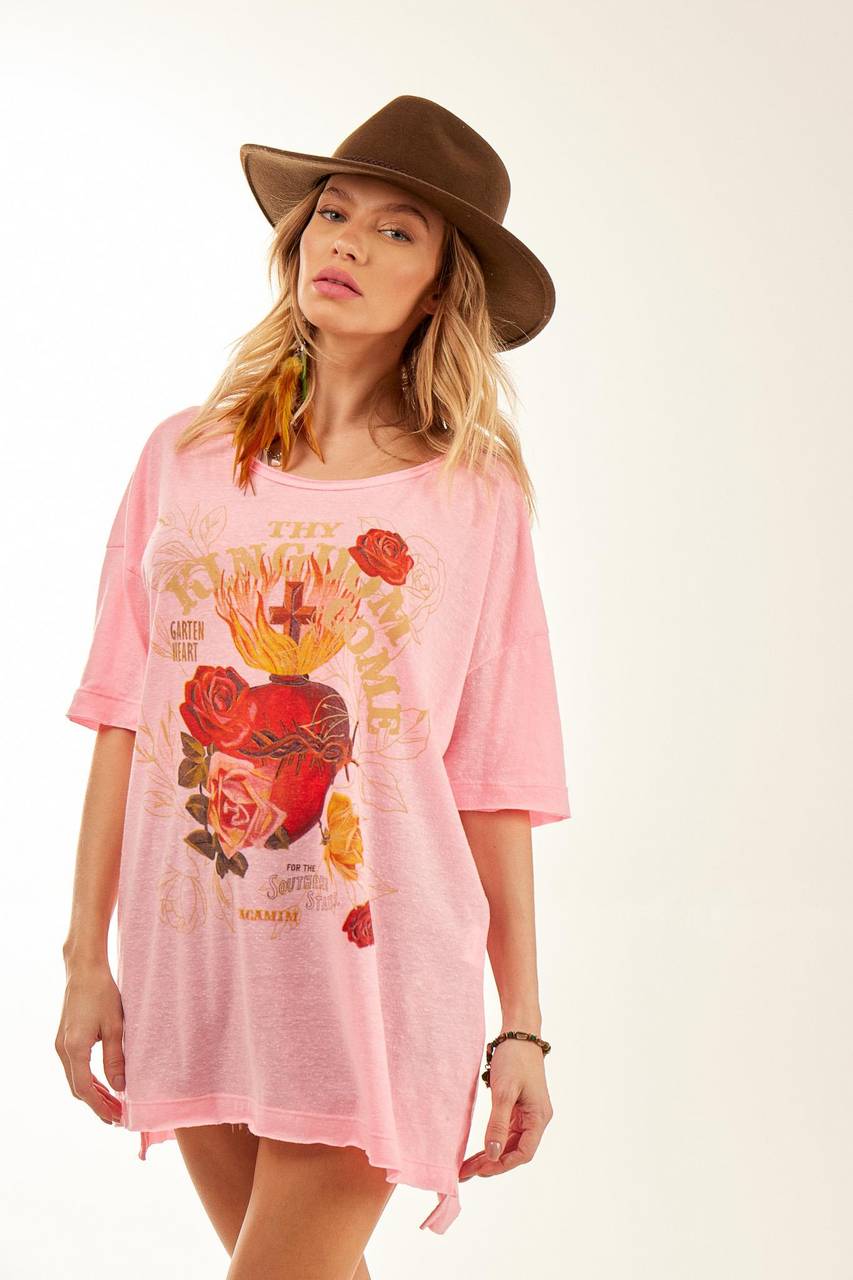Bubblegum Pink Oversized Drop Shoulder T-Shirt with Exclusive Yacamim Print