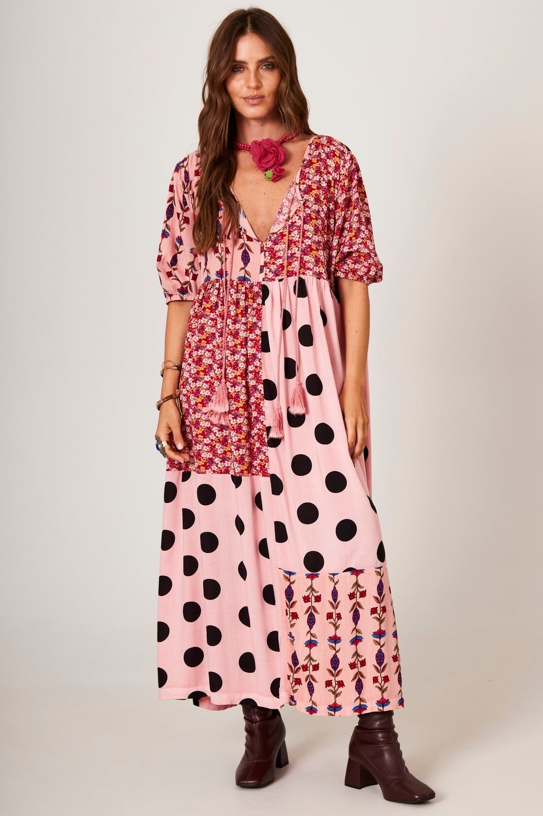 Light Pink Polka Dot Patchwork Midi Dress Yacamim E26