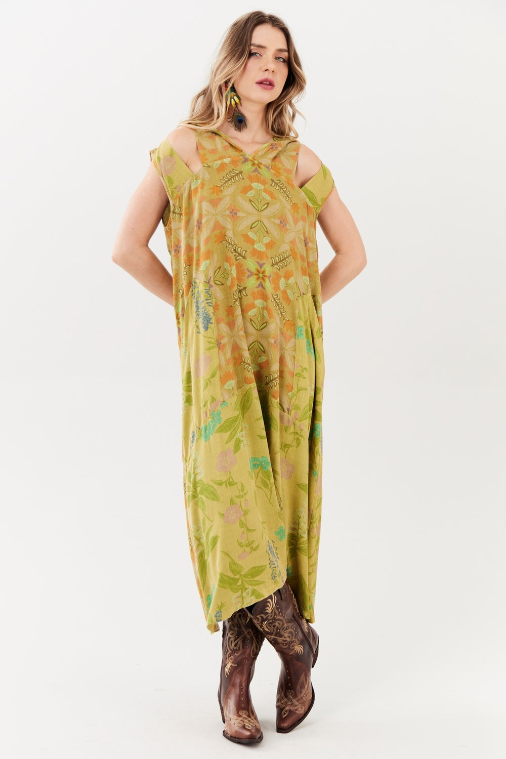 Yacamim Green Patchwork Midi Dress E28