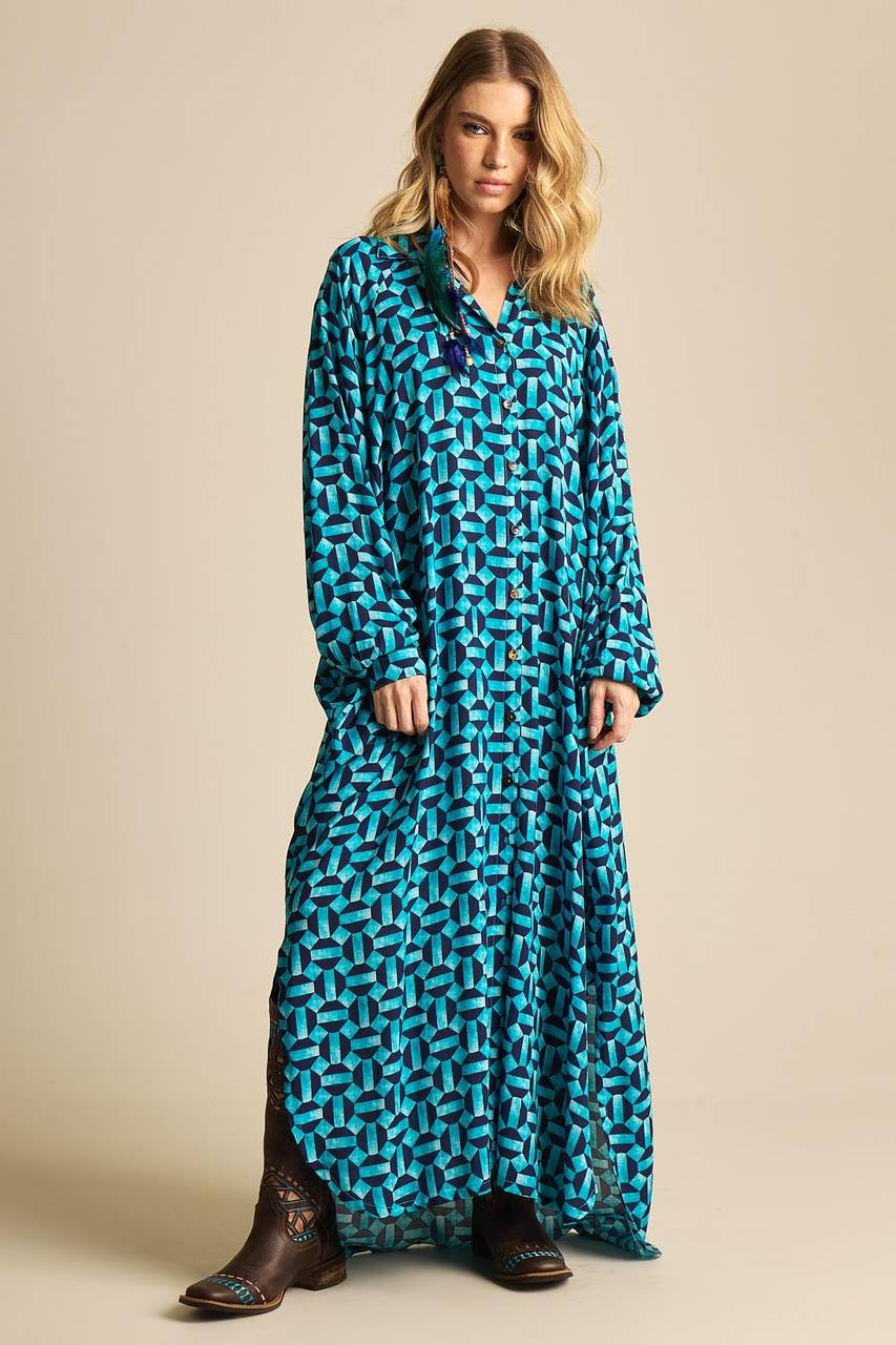Yacamim Blue Printed Long Shirt with Pockets