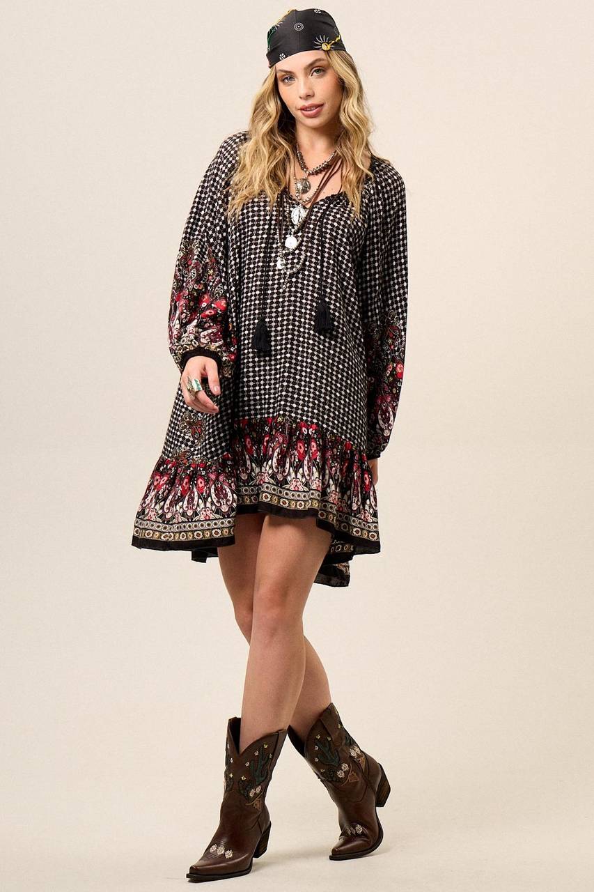 Yacamim Black Printed Short Dress with Long Puff Sleeves