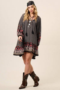 Yacamim Black Printed Short Dress with Long Puff Sleeves