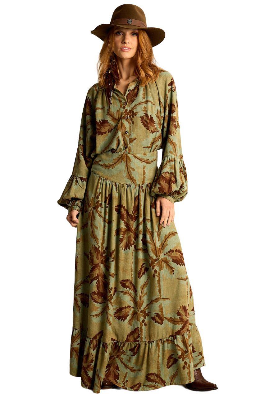 Yacamim A29 Printed Green Linen Long Skirt with Ruffles