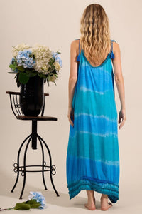 Yacamim D7 Digital Tie-Dye Blue Midi Dress with Tie Straps and Pom-Poms