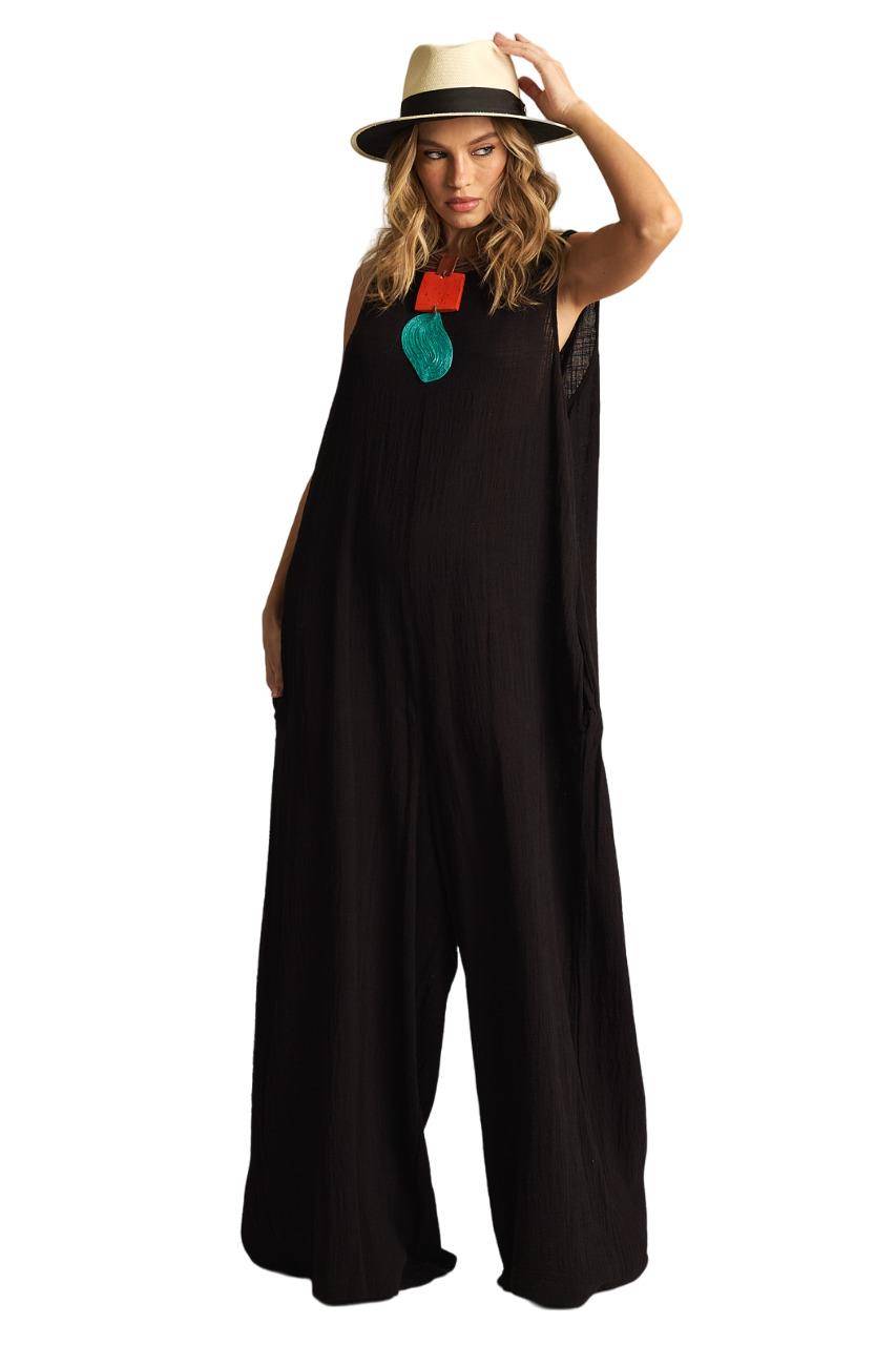 Yacamim Black Sleeveless Wide-Leg Jumpsuit