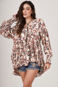 Yacamim Women's Off-White Cashmere Print Blouse with Ruffles B10