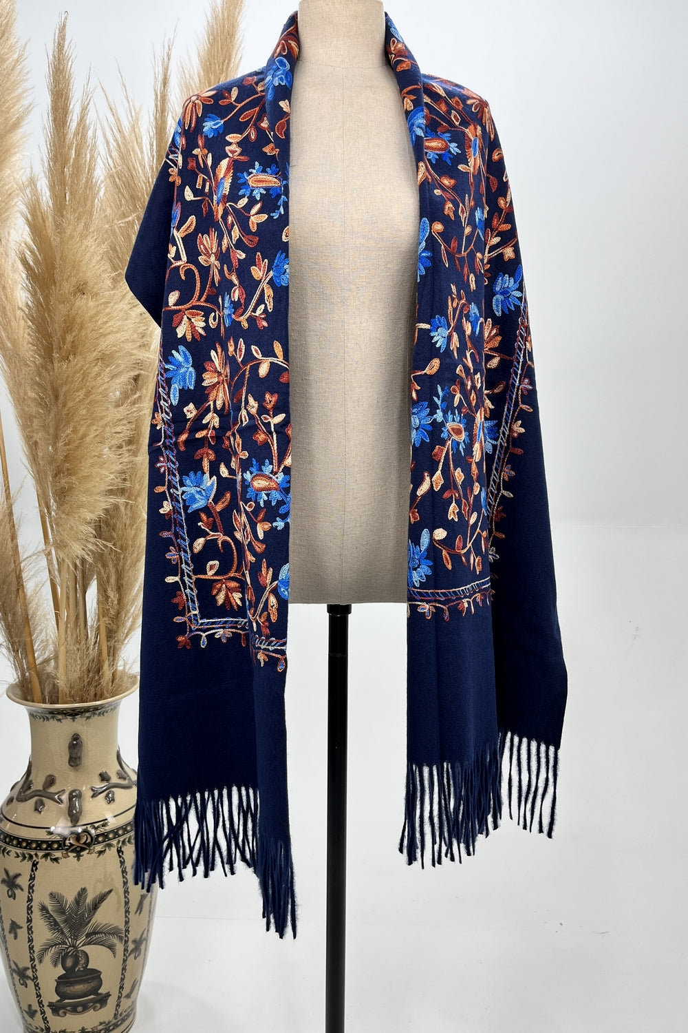 Yacamim Navy Blue Embroidered Cashmere Scarf #239