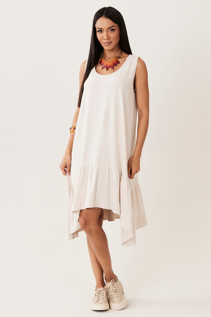 Yacamim Beige Viscose Linen Tank Dress with Side Points C4