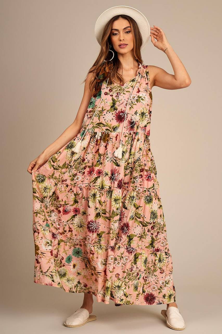 Sleeveless Long Broderie Rosé Yacamim Dress