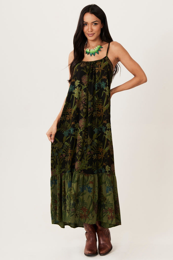 Yacamim E14 Black and Green Patchwork Long Strappy Dress