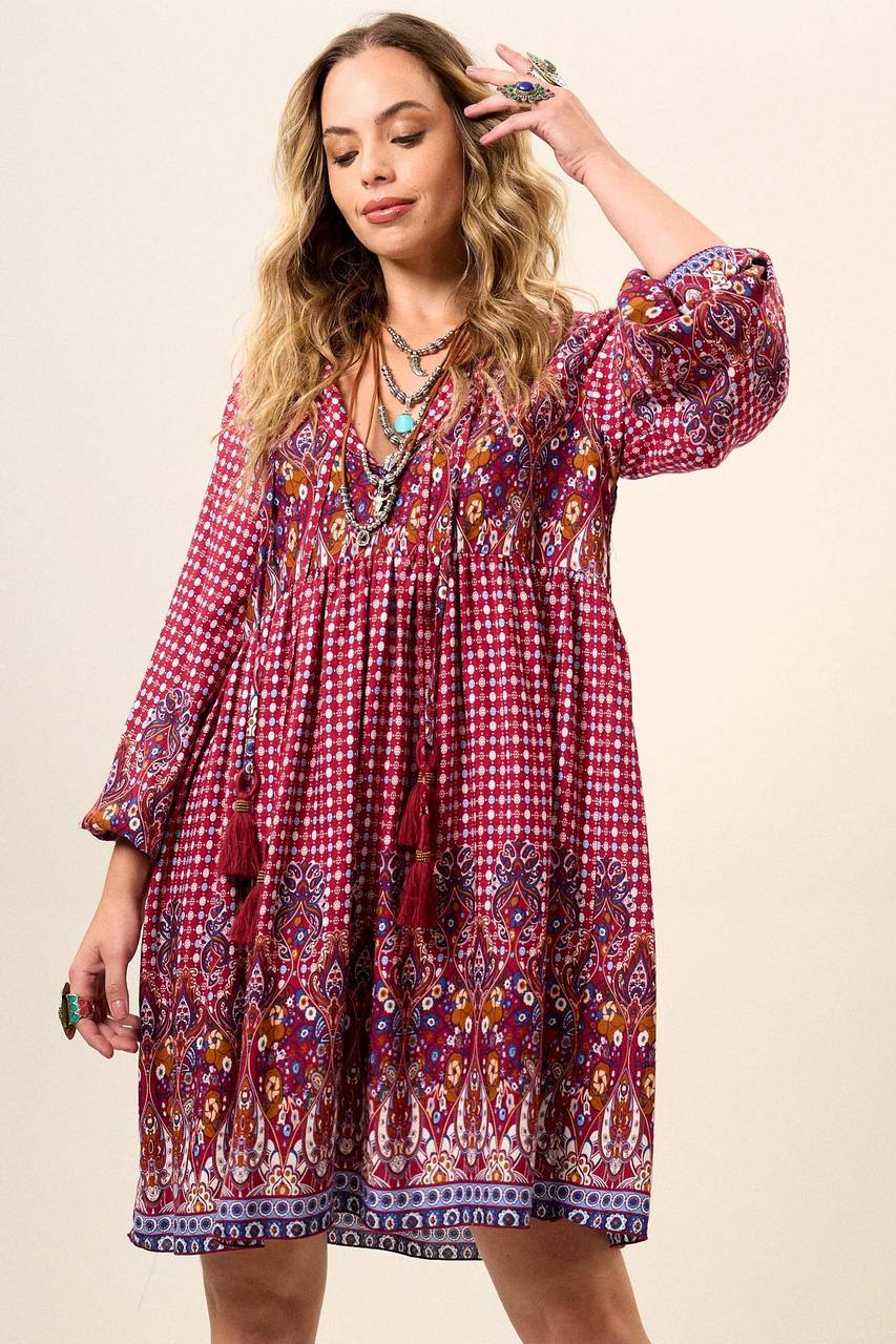 Yacamim Printed Burgundy Short Dress with Puff Long Sleeves