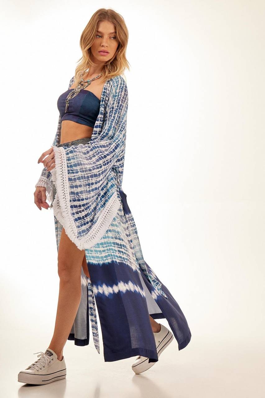 Yacamim Blue Digital Print Tie-Dye Long Kimono
