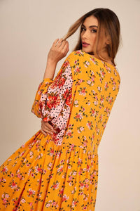 Yacamim Yellow Long Sleeve Patchwork Long Dress