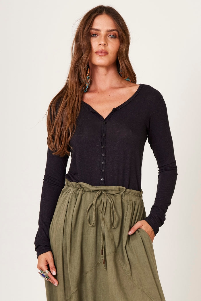 Yacamim B20 Black Plain Basic Blouse with Slim Long Sleeves