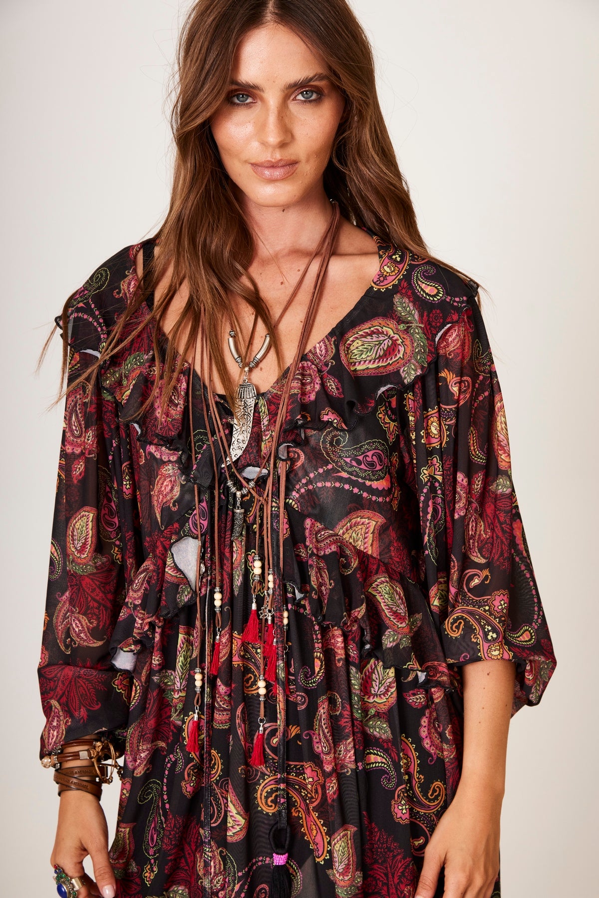 Yacamim C2 Black Tulle Short Dress with Cashmere Print