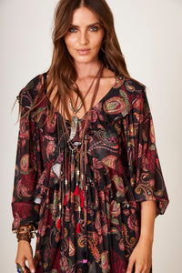 Yacamim C2 Black Tulle Short Dress with Cashmere Print
