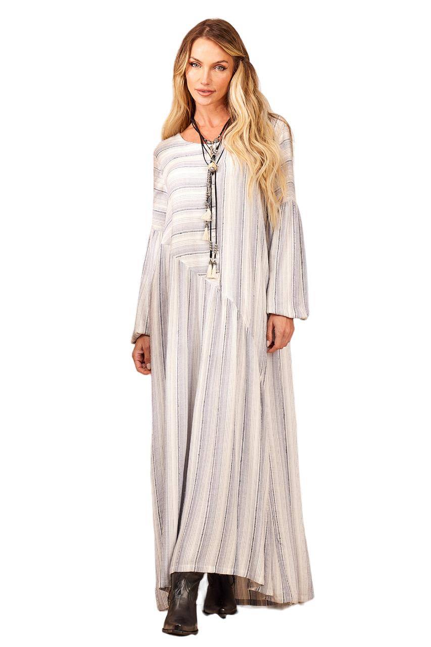 Off-White Striped Long Dress with Puffy Long Sleeves Yacamim