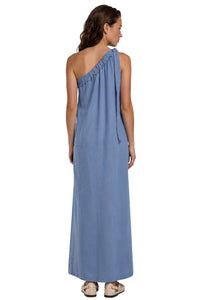 Vestido Longo Viscolinho Alça Transversal Azul Petróleo Yacamim C22