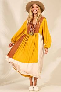 Yacamim Yellow Midi Dress with Puffed Long Sleeves <br />