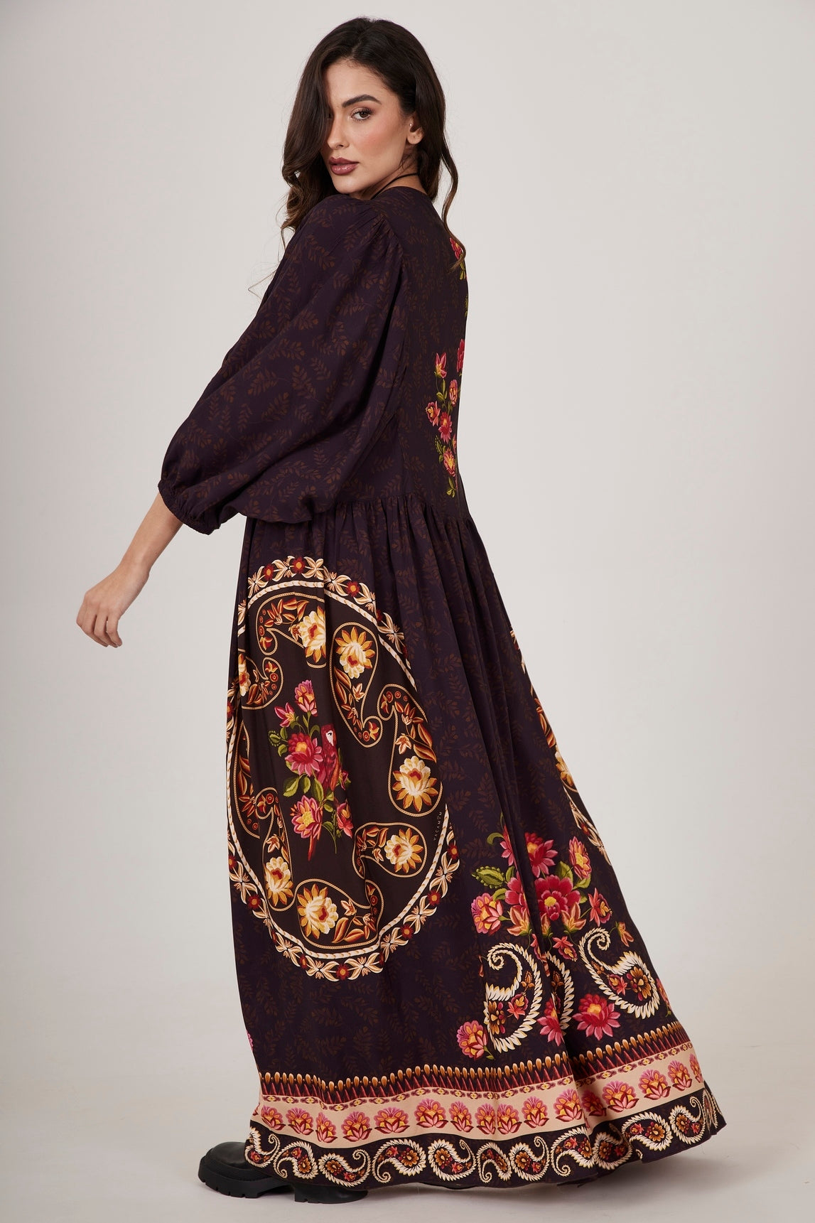 Dark Brown Long Dress with Cashmere Print Yacamim E23
