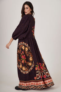 Dark Brown Long Dress with Cashmere Print Yacamim E23