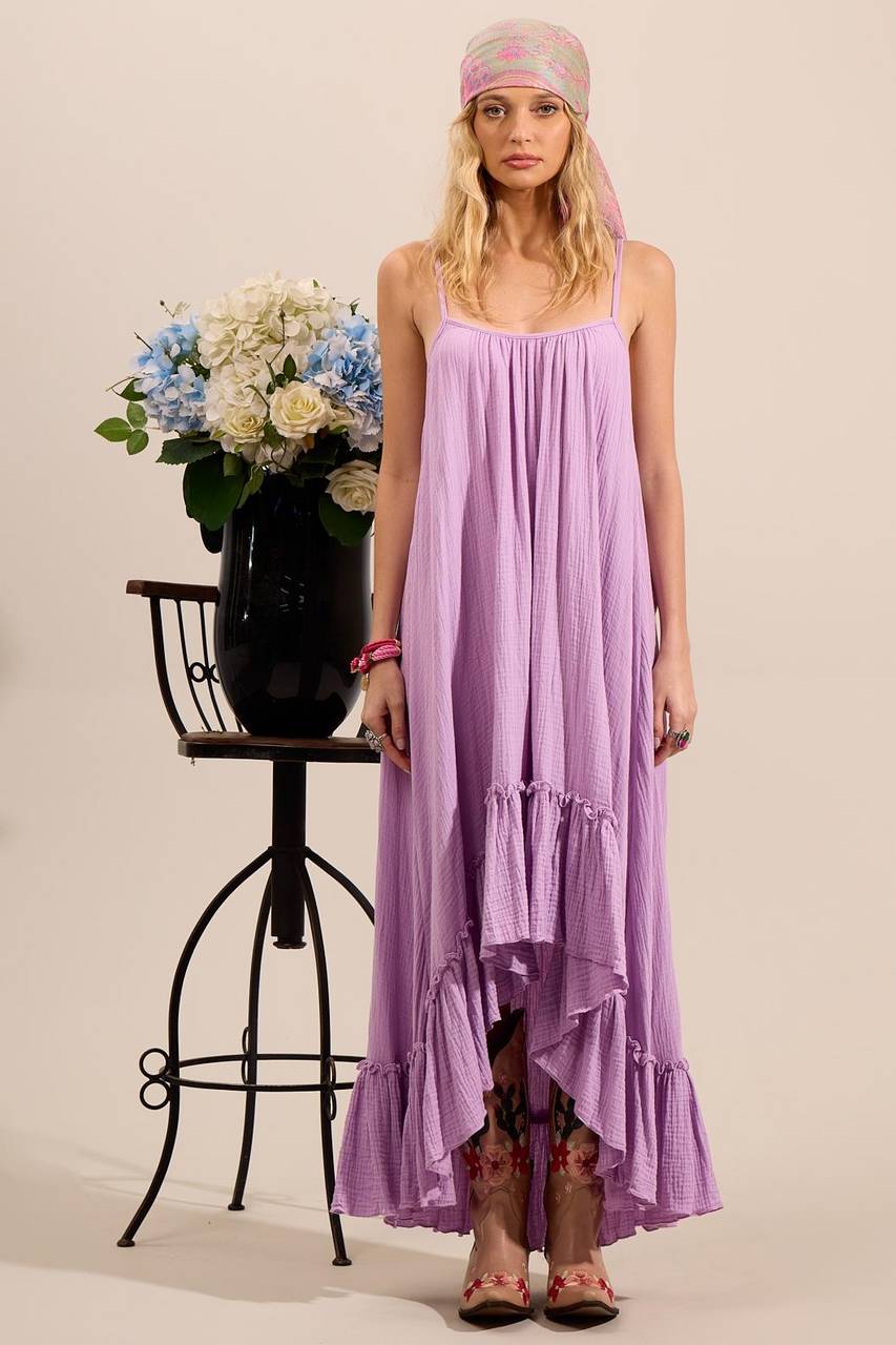 Yacamim Lilac Mullet Dress with Adjustable Straps and Ruffled Hem -c27