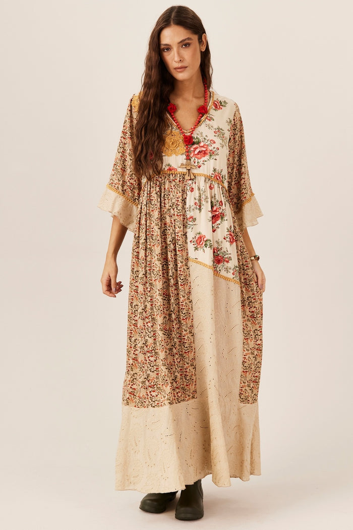 Yacamim E18 Printed Beige Jabot Dress