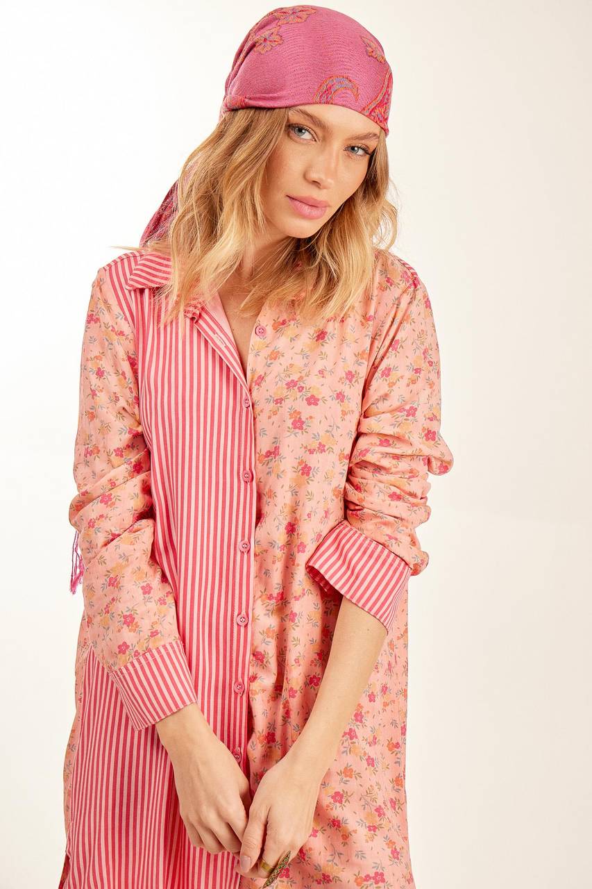 Yacamim Pink Striped Patchwork Loose Long Sleeve Shirt