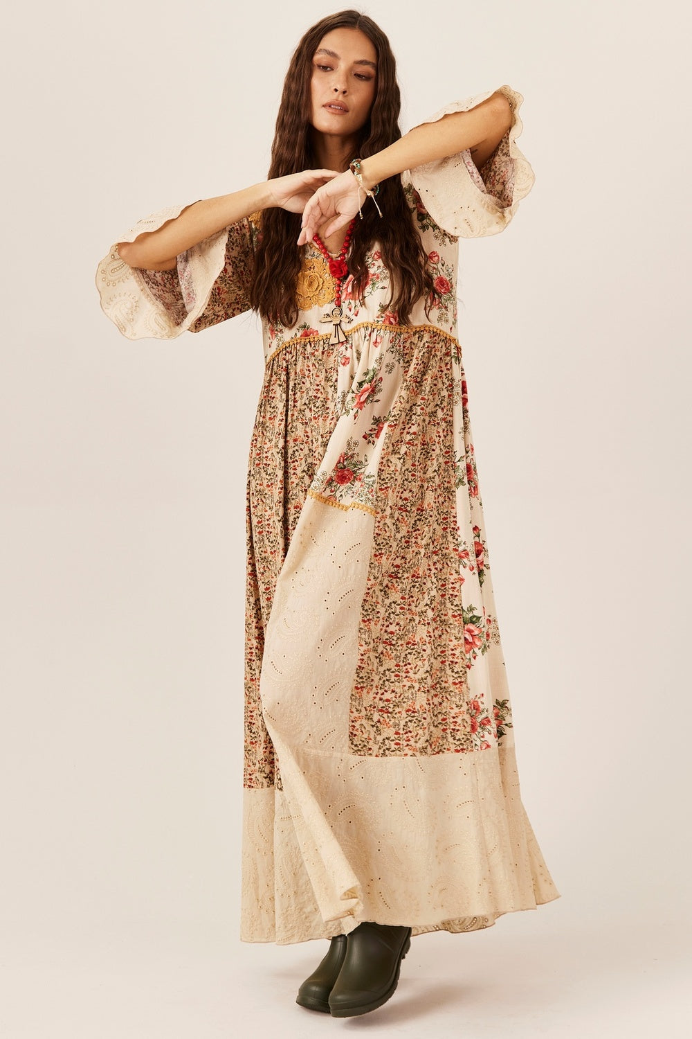 Yacamim E18 Printed Beige Jabot Dress