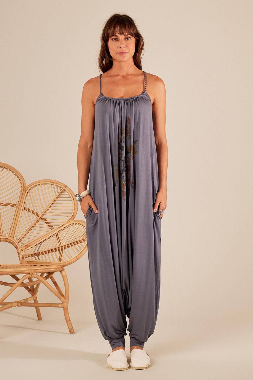 Yacamim Exclusive Print Dark Gray Sarouel Jumpsuit with Braided Straps O5