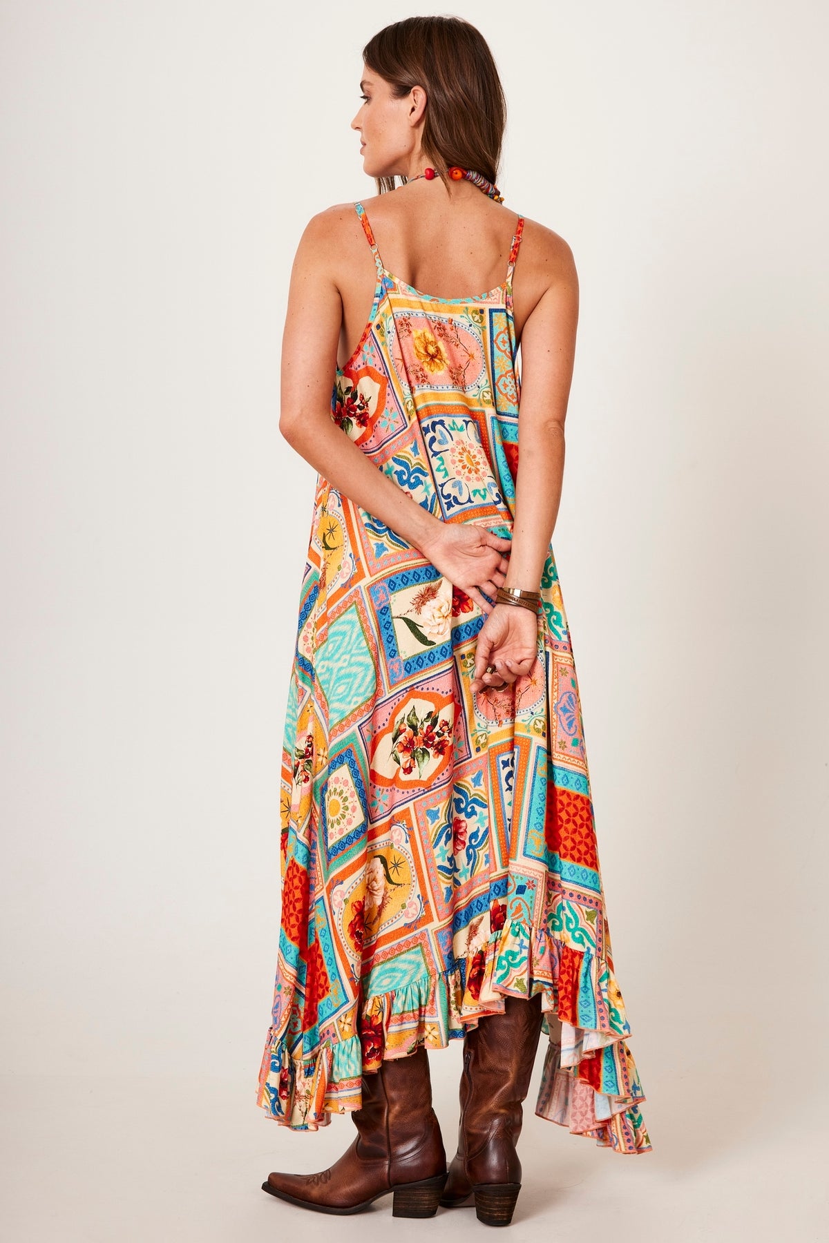Yacamim C3 Geometric Print Gathered Midi Dress with Straps