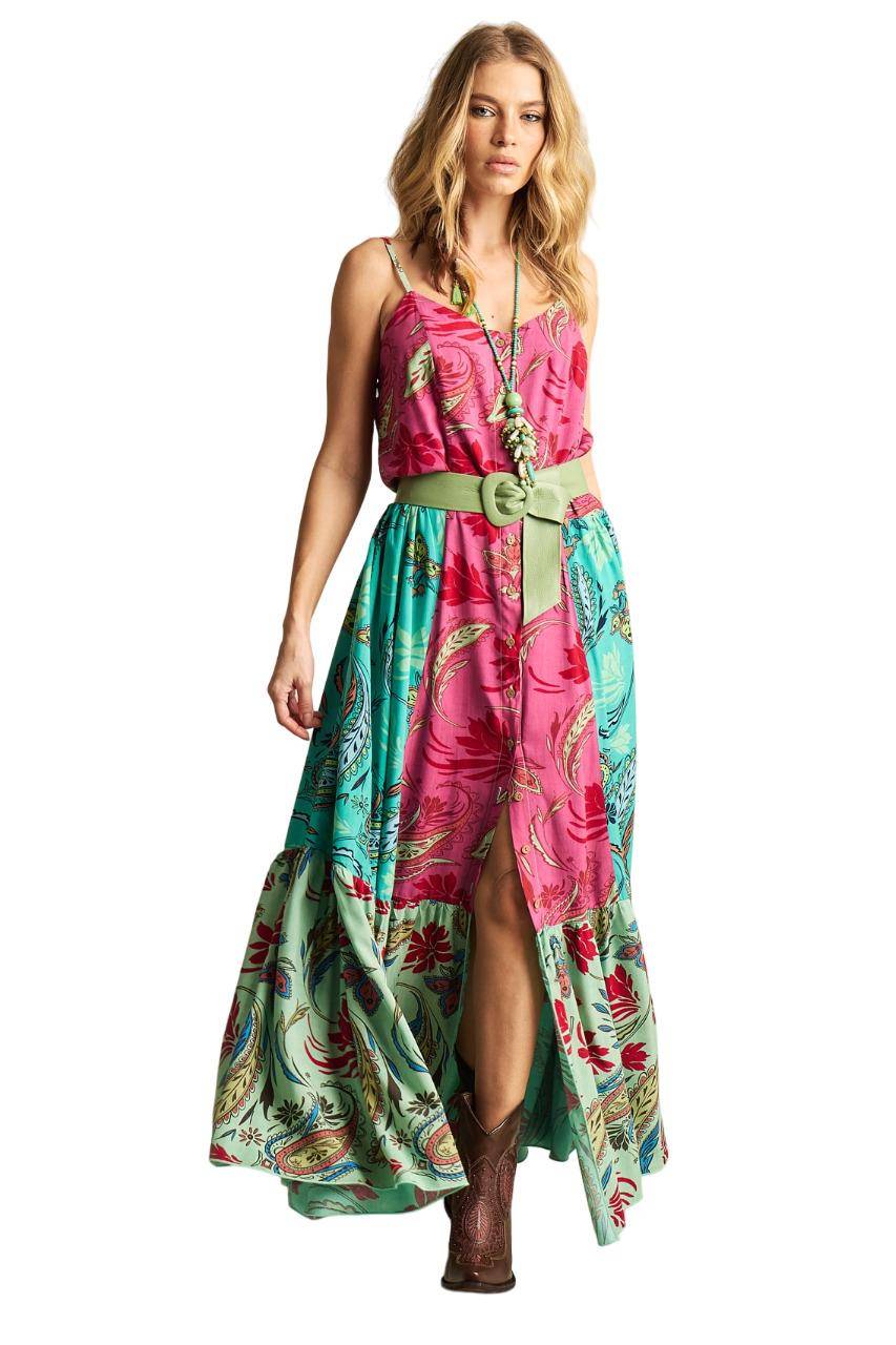 Yacamim D20 Pink and Green Patchwork Long Dress with Adjustable Straps