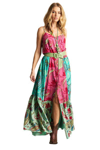 Yacamim D20 Pink and Green Patchwork Long Dress with Adjustable Straps