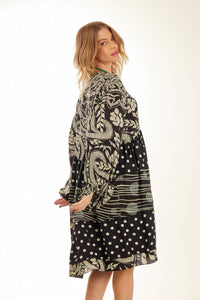 Black Yacamim Patchwork Short Dress with Puff Long Sleeves