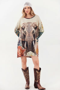 Loose Tunic with Studs Indian Elephant Print Beige Yacamim B21