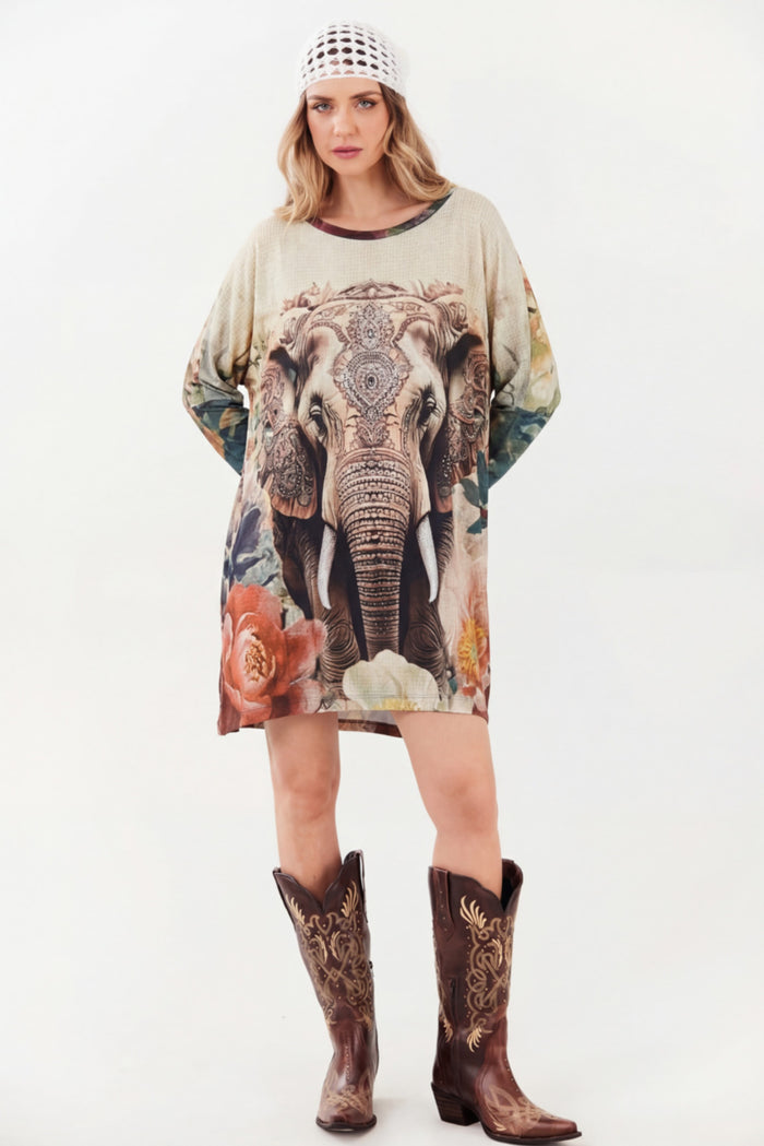 Loose Tunic with Studs Indian Elephant Print Beige Yacamim B21