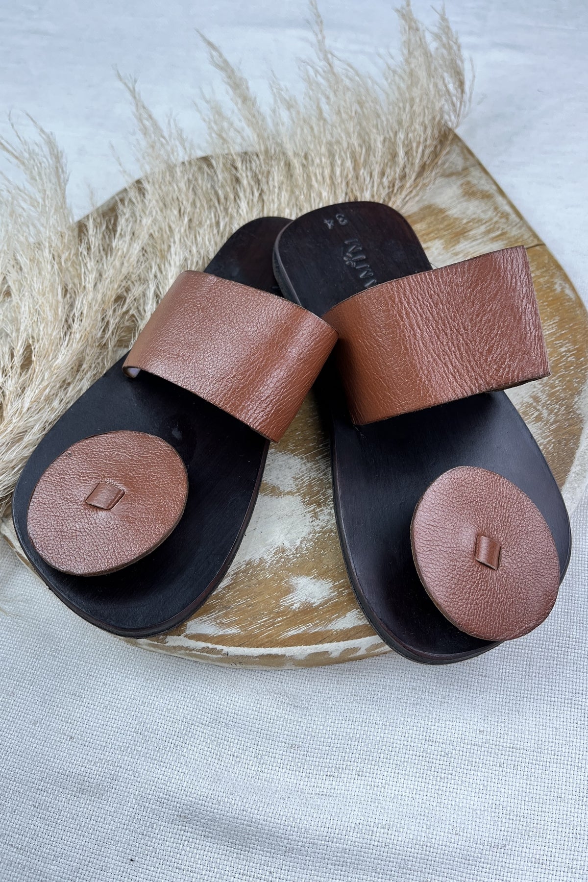 Light Brown Wide Strap Leather Flat Sandal Yacamim #125