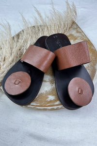Light Brown Wide Strap Leather Flat Sandal Yacamim #125
