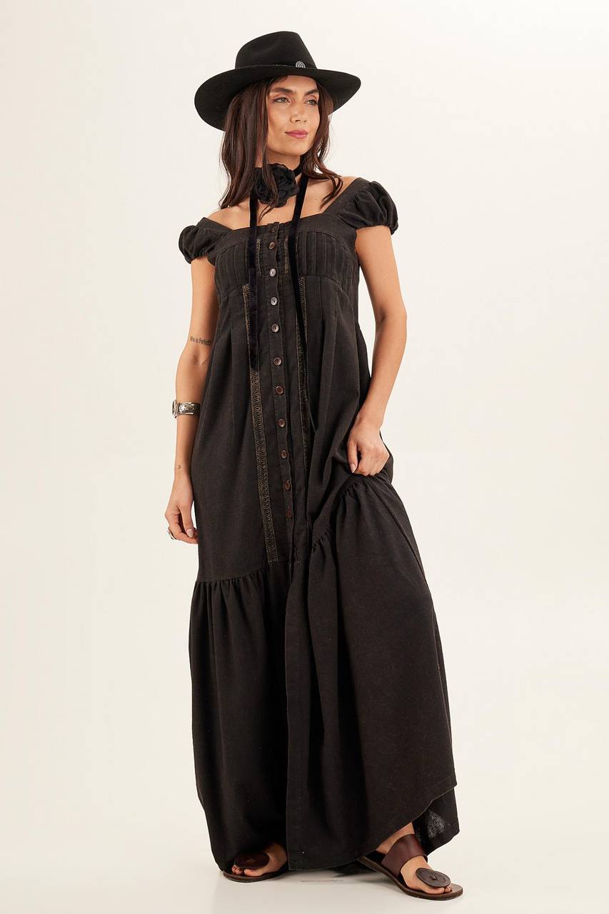 Yacamim Brown Linen Long Dress with Lace Inserts