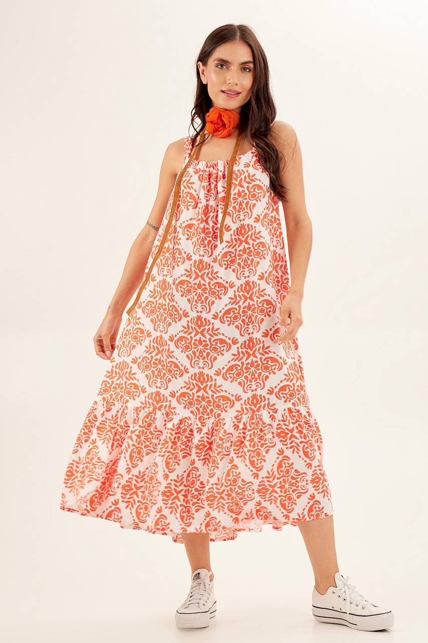 Yacamim Printed Orange Ruffled Strap Midi Dress