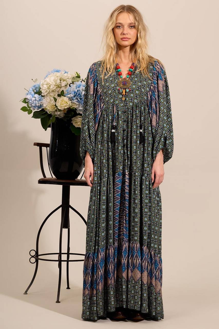 Yacamim Green Patchwork Long Shirt Dress with Puffed Long Sleeves