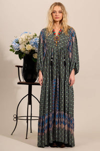 Yacamim Green Patchwork Long Shirt Dress with Puffed Long Sleeves