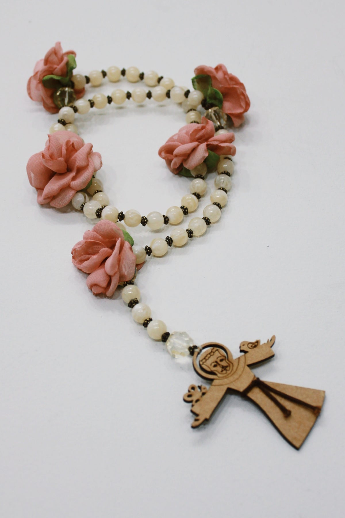 Light Pink St Francis of Assisi Rosary Necklace Yacamim #704