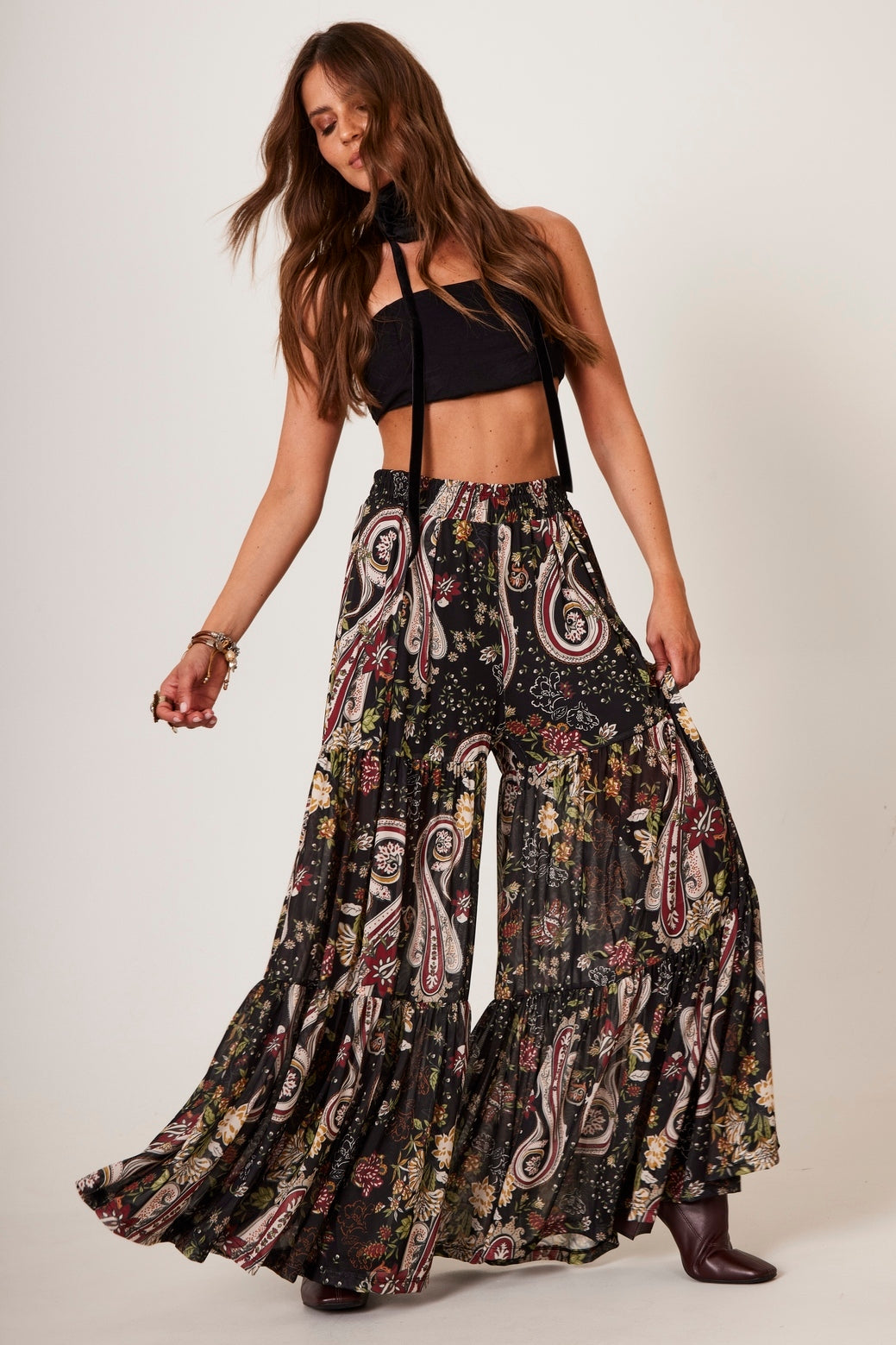 Black Tulle Palazzo Pants with Cashmere Print Yacamim A15