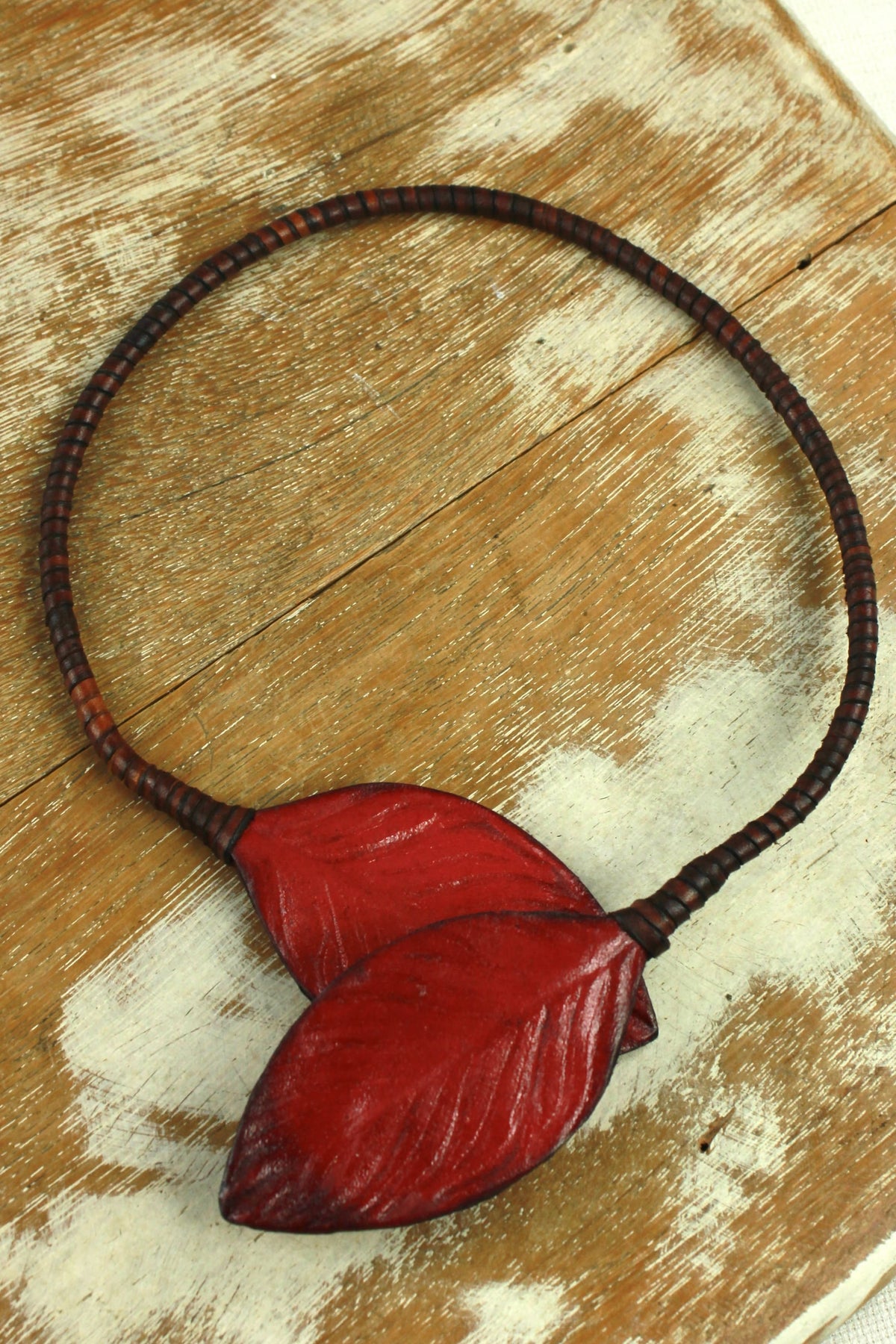 Handmade Bordeaux Leather Leaf Necklace Yacamim #342