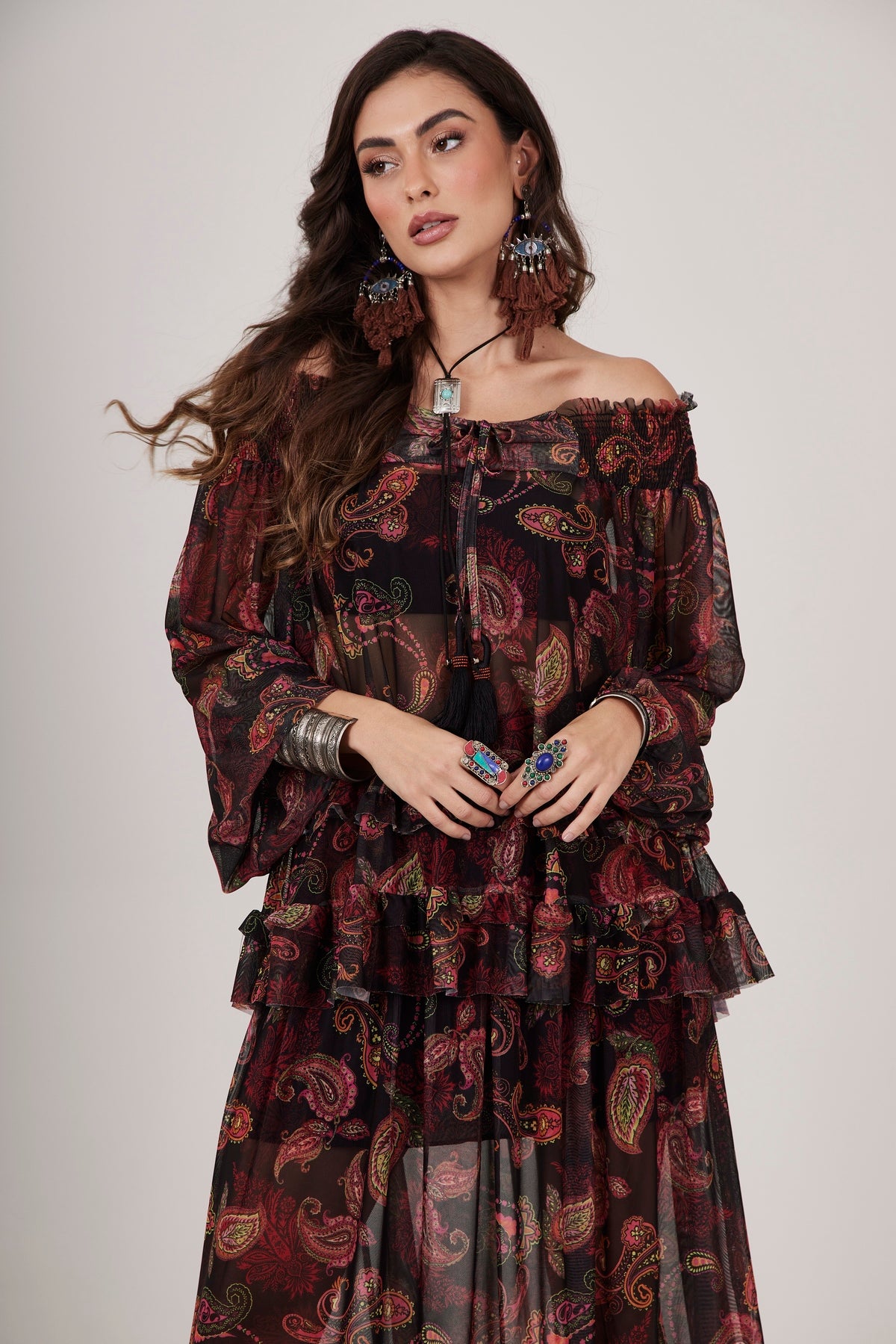 Black Gypsy Tulle Robe with Cashmere Print Yacamim A12