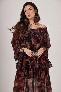 Black Gypsy Tulle Robe with Cashmere Print Yacamim A12