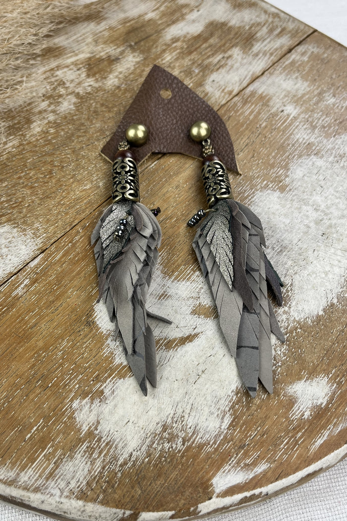 Handmade Dark Beige Leather Earring with Engraved Metal Yacamim #158