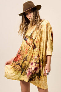 Wide Beige Tunic with Hummingbird Print Yacamim B16